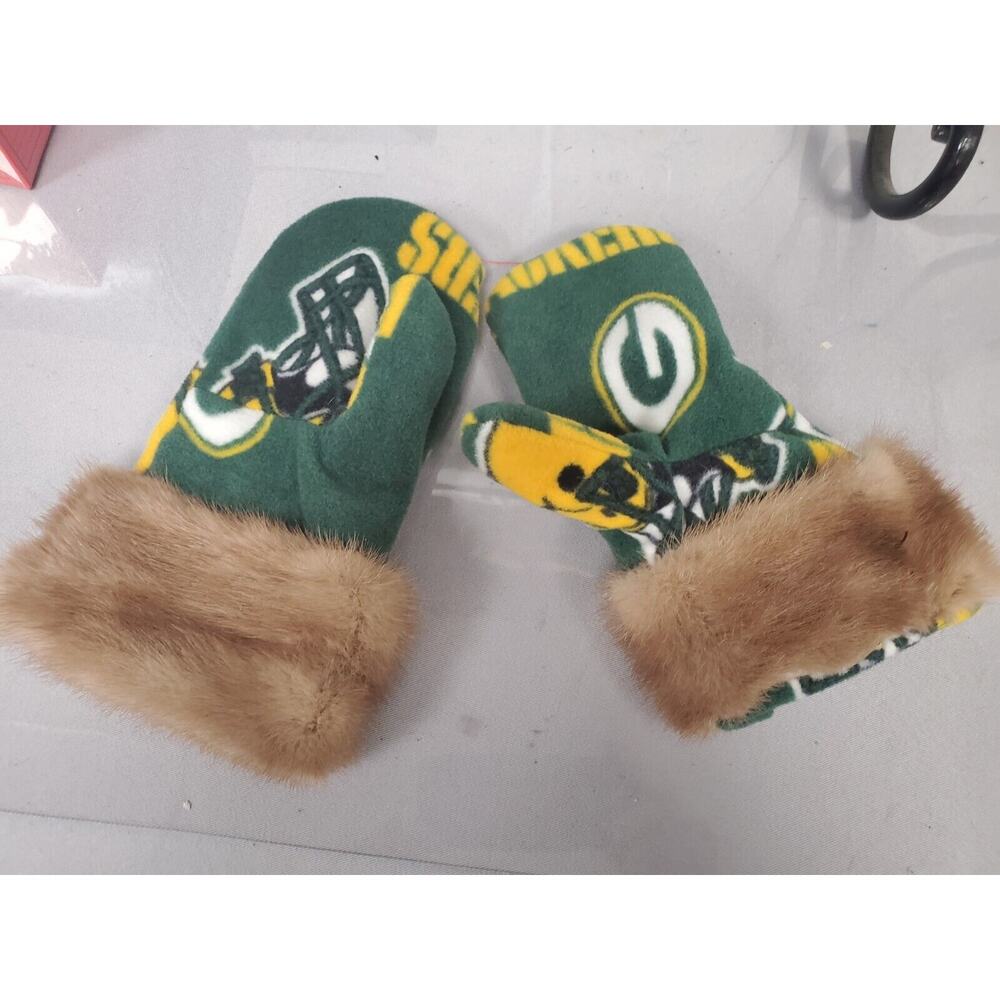 Green And Yellow Rabbit Fur Gloves Green Bay Packers Size Small